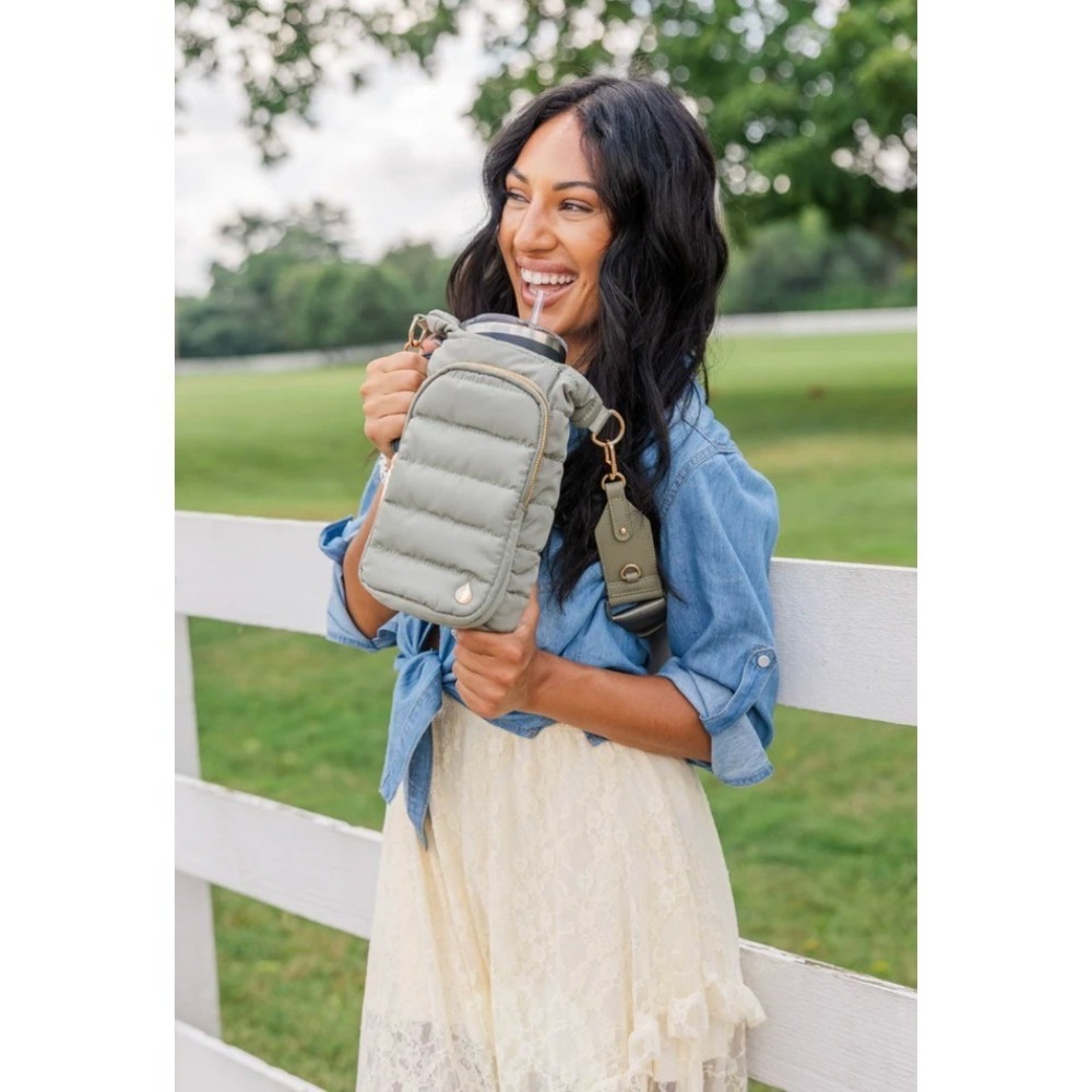 WanderFull Puffer Water Bottle Bag Sage‎ Green Quilted Crossbody Phone Pouch